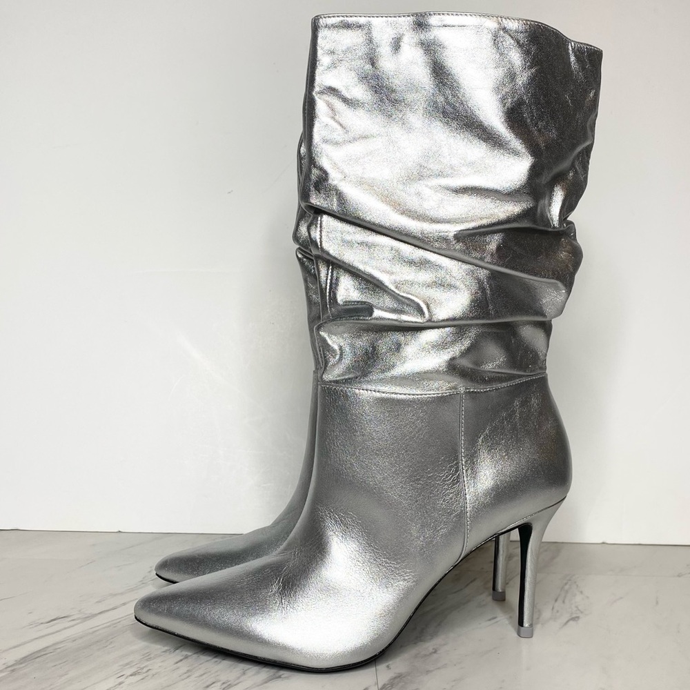 Black Suede Studio Silver Leather Pointy Toe Slouch Boot 40